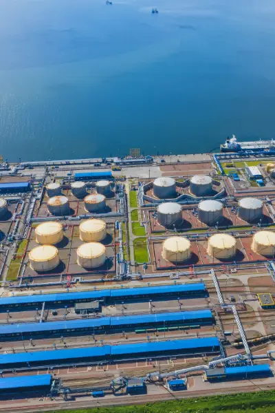 Gulf Coast chemical processing and refining facility aerial view showing tank trailer operations