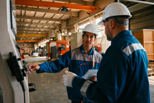 IPTANKS industrial workers discussing Gulf Coast tank trailer solutions and chemical storage requirements at petrochemical facility